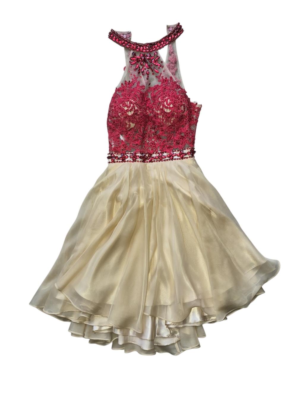 Dave & Johnny Fuchsia Lace Bodice Cream High-Low Cocktail Dress